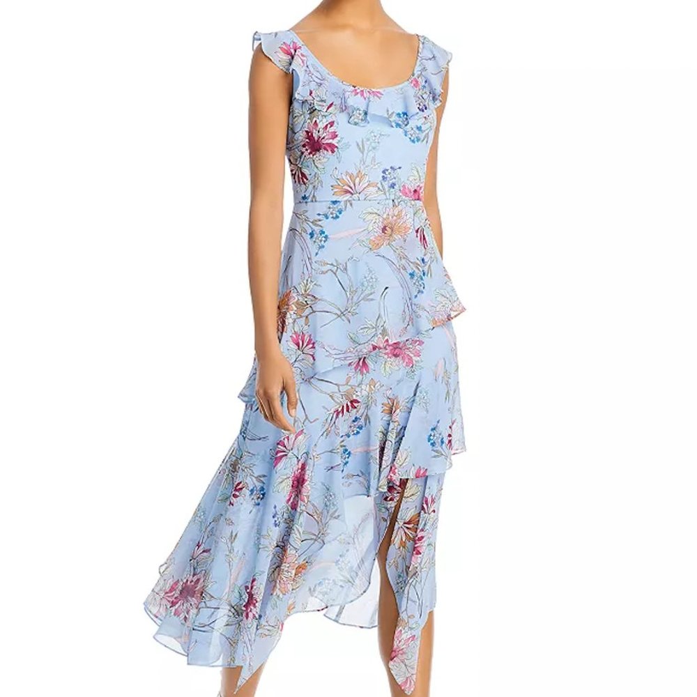 BCBGMAXAZRIA Asymmetric Tiered Midi Dress